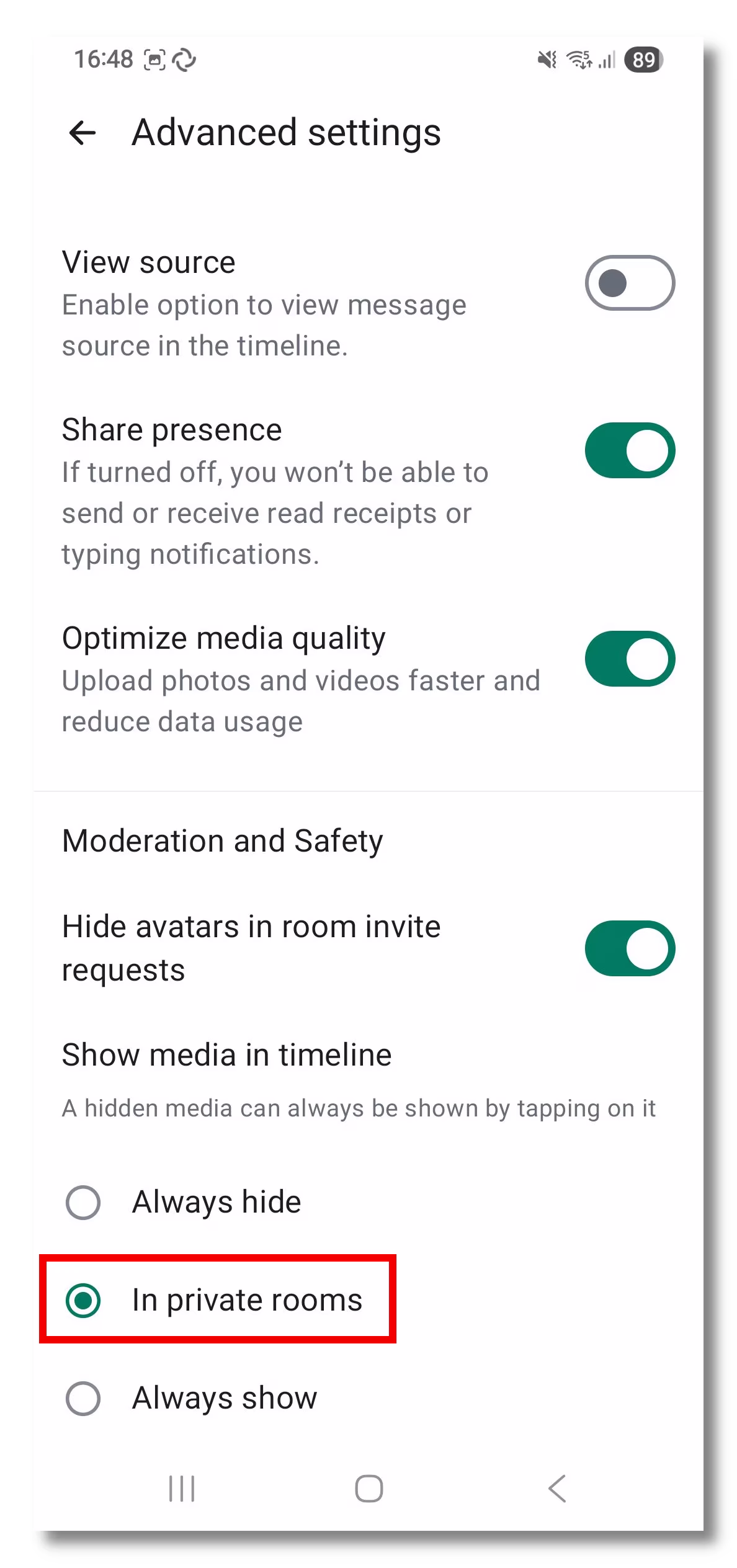 Element X's Advanced settings screen, showing Show media in timeline,
    with the In private rooms option highlighted.